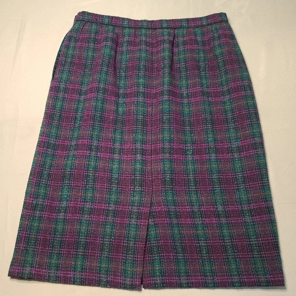 Vintage Alfred Dunner Plaid Skirt Womens 12 Purple Teal Wool Pencil Midi Grandma
